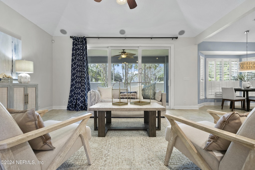 living room featuring ceiling fan