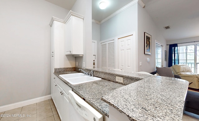 kitchen with dishwasher, light stone counters, sink, white cabinets, and kitchen peninsula