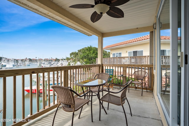 balcony with ceiling fan and a water view