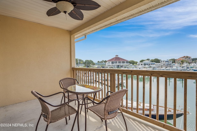 balcony with ceiling fan and a water view