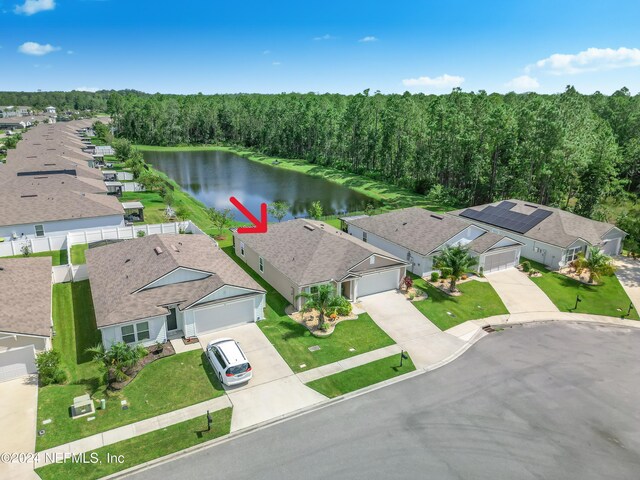 aerial view featuring a water view