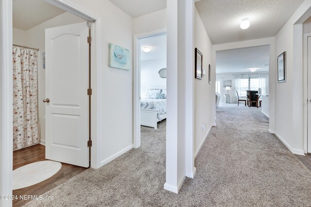 hall featuring carpet and a textured ceiling