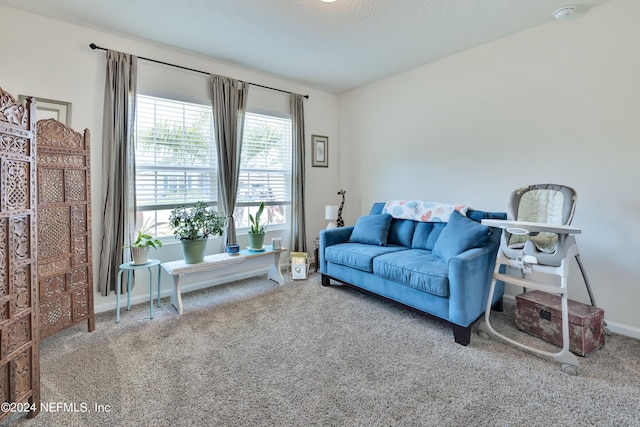 carpeted living room featuring baseboards