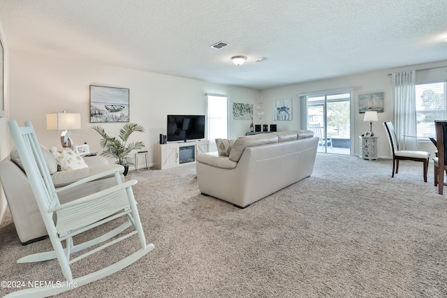 carpeted living room with a textured ceiling and visible vents