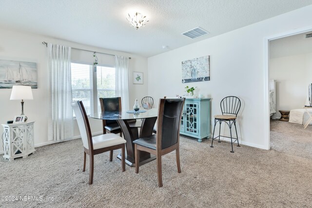 carpeted dining area with a textured ceiling