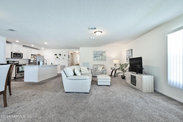 living room featuring plenty of natural light, light colored carpet, and a textured ceiling