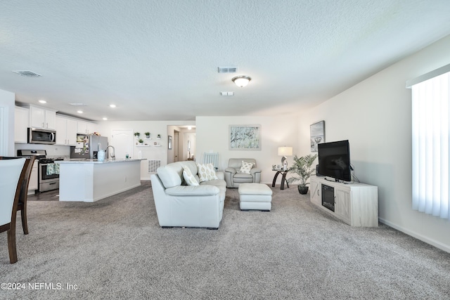 living area featuring light carpet, visible vents, and a textured ceiling