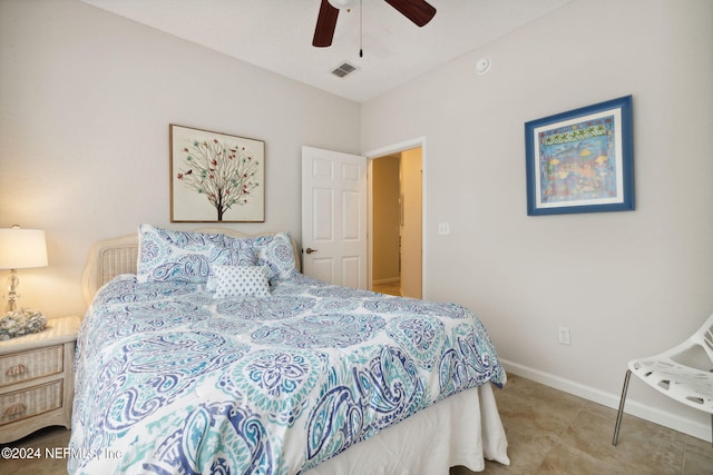 bedroom featuring light tile patterned floors, baseboards, visible vents, and ceiling fan