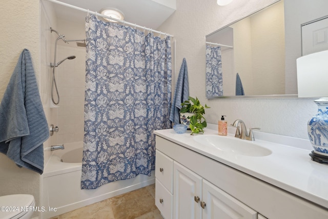 bathroom featuring a textured wall, toilet, tile patterned floors, shower / bathtub combination with curtain, and vanity