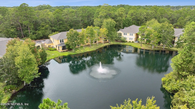 drone / aerial view with a water view and a view of trees