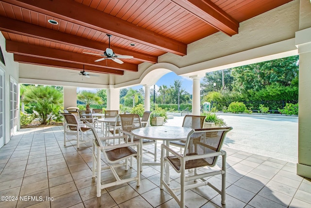 view of patio with ceiling fan and outdoor dining space