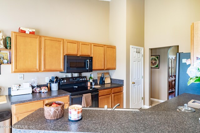 kitchen with black appliances and a towering ceiling