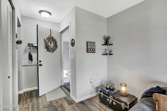 interior space featuring a textured ceiling and wood-type flooring