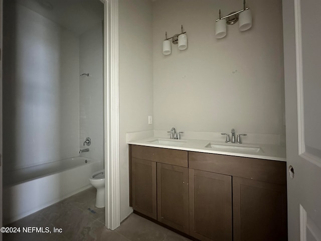 bathroom with shower / washtub combination, a sink, toilet, and double vanity