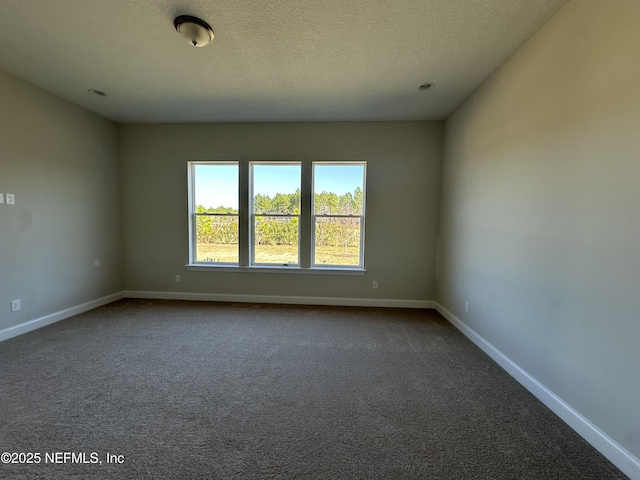 empty room featuring a textured ceiling, baseboards, and carpet flooring