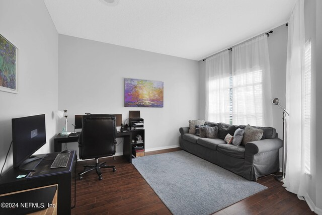 home office featuring dark hardwood / wood-style flooring