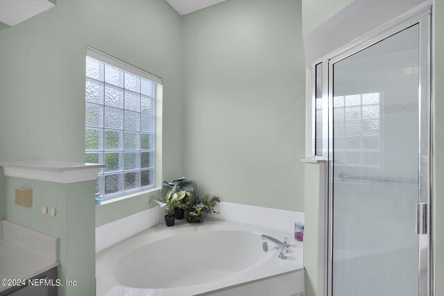 bathroom featuring a wealth of natural light and shower with separate bathtub