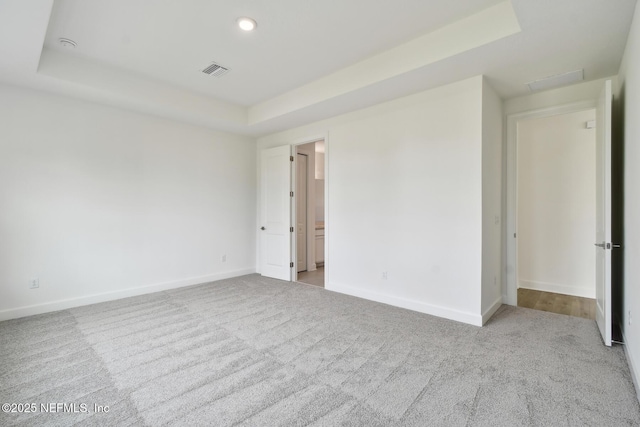 unfurnished room with a raised ceiling and light carpet