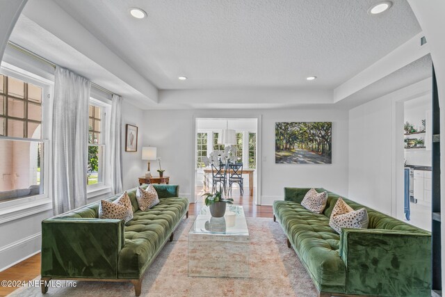 living room featuring hardwood / wood-style floors, a tray ceiling, a textured ceiling, and a healthy amount of sunlight