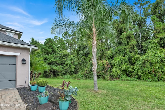 view of yard featuring a garage