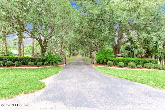 exterior space with a yard, a gate, and aphalt driveway