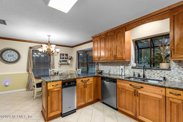 kitchen featuring dishwasher, kitchen peninsula, light tile patterned floors, and dark stone countertops