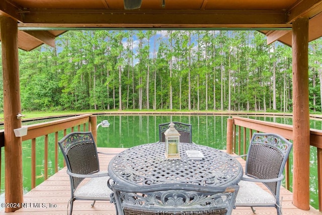 wooden deck featuring a water view