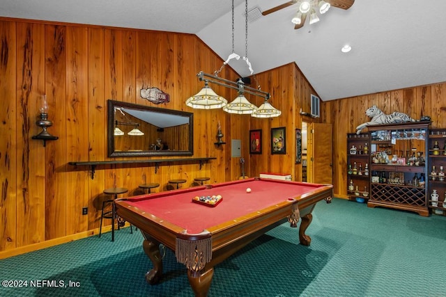 recreation room with vaulted ceiling, billiards, wooden walls, and carpet floors