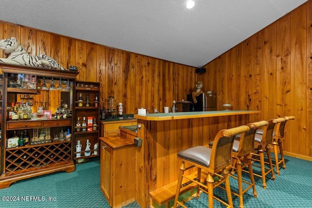 bar with wooden walls, a textured ceiling, and carpet floors