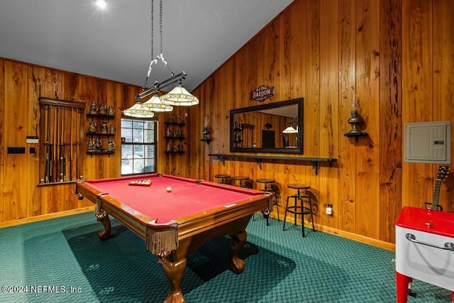 recreation room featuring carpet floors, wood walls, pool table, and electric panel