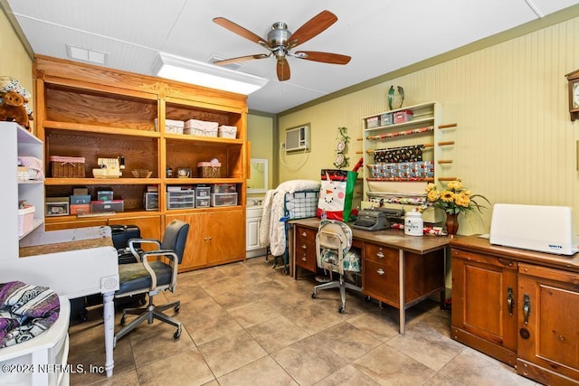 home office with an AC wall unit and a ceiling fan
