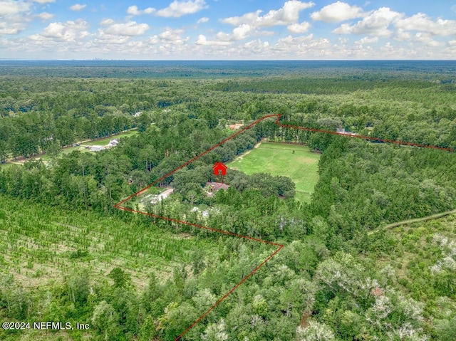 aerial view with a wooded view and a rural view