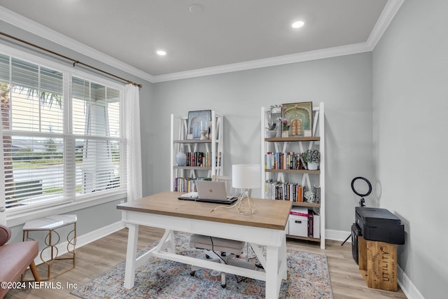 office with ornamental molding and light hardwood / wood-style flooring