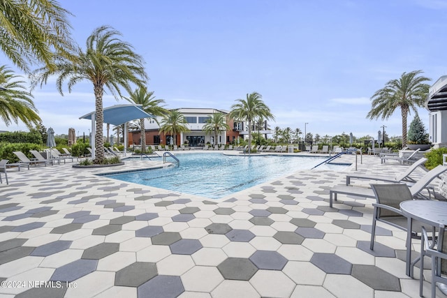 view of swimming pool featuring a patio area