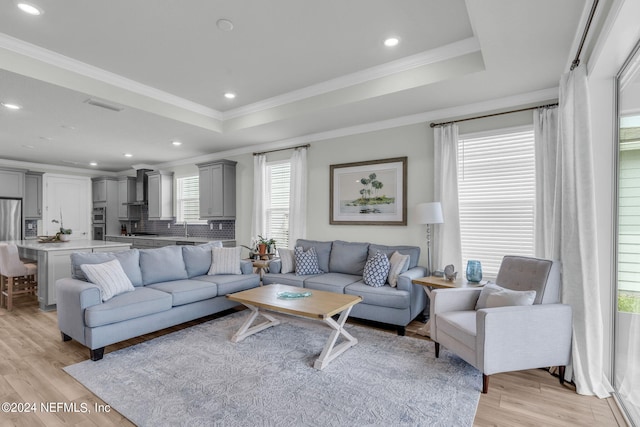 living room featuring a raised ceiling, ornamental molding, and light wood-type flooring