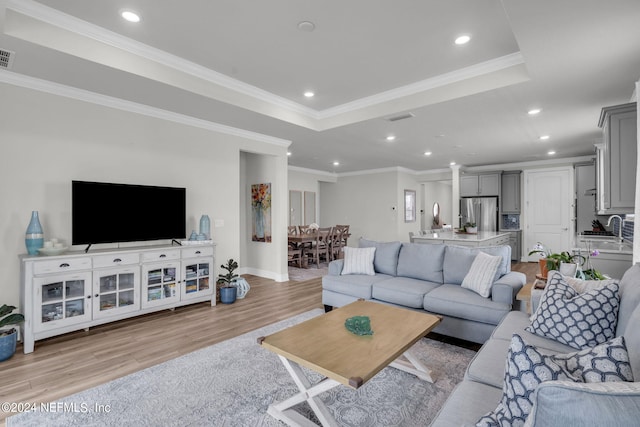 living room with crown molding, a tray ceiling, and light wood-type flooring