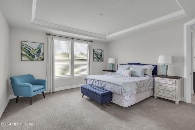 bedroom with a raised ceiling and light colored carpet