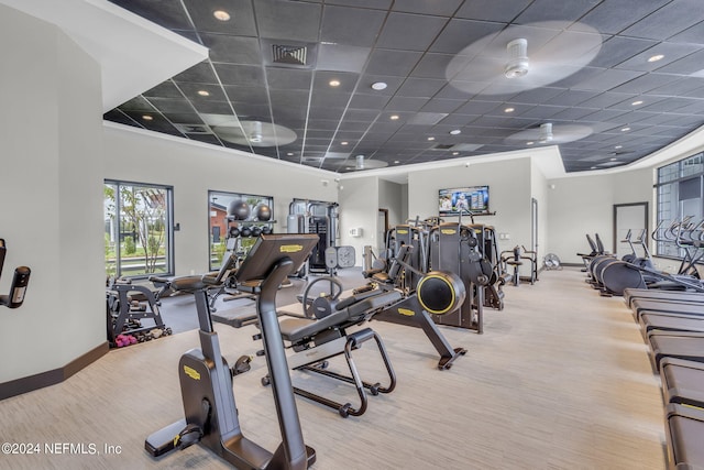 workout area featuring a paneled ceiling and light carpet