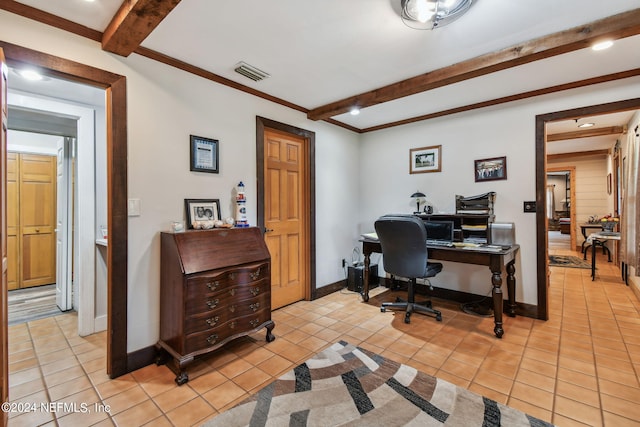 tiled home office with beam ceiling