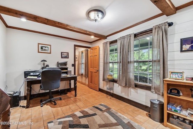 office area with beamed ceiling, crown molding, and light tile patterned floors