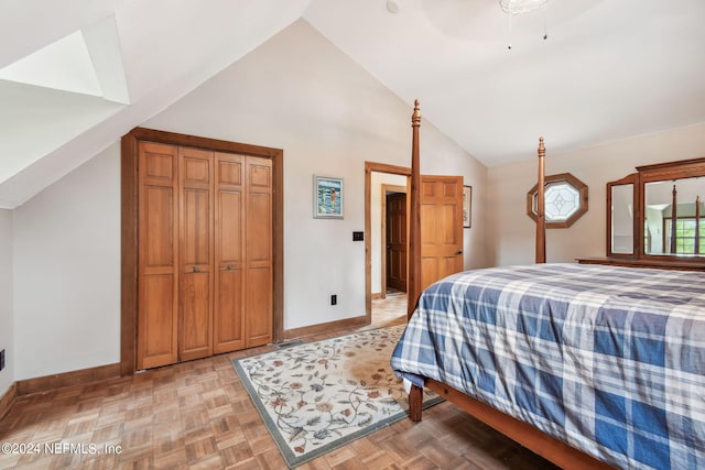 bedroom featuring ceiling fan, high vaulted ceiling, and light parquet floors