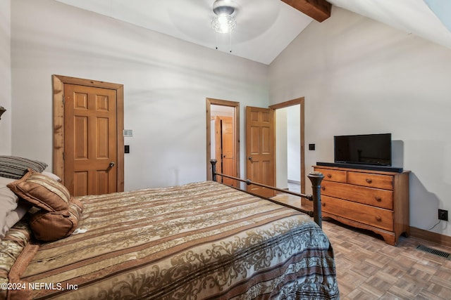 bedroom with ceiling fan, high vaulted ceiling, parquet floors, and beam ceiling