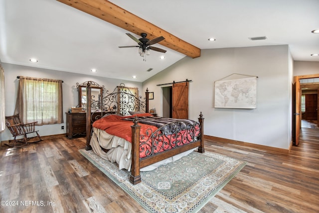 bedroom featuring hardwood / wood-style flooring, ceiling fan, a barn door, and vaulted ceiling with beams