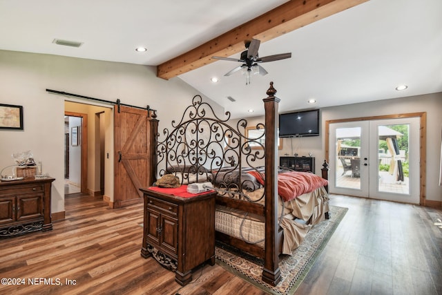 bedroom with access to exterior, vaulted ceiling with beams, wood-type flooring, french doors, and a barn door