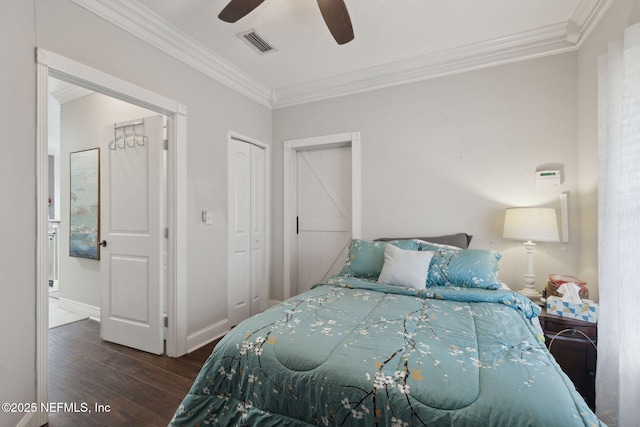 bedroom featuring ceiling fan, dark wood-type flooring, and ornamental molding