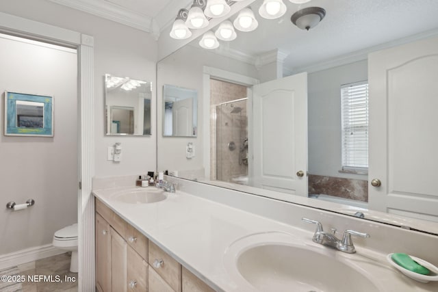 full bathroom featuring ornamental molding, vanity, independent shower and bath, tile patterned flooring, and toilet