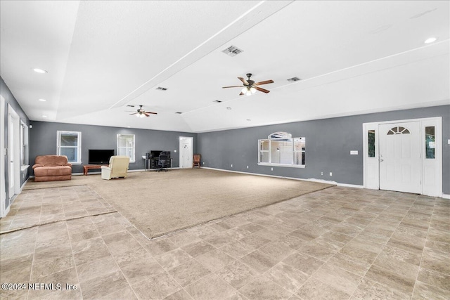 157 W Grandview Dr, East Palatka, FL 32131 - unfurnished living room with visible vents, ceiling fan, recessed lighting, carpet flooring, and vaulted ceiling