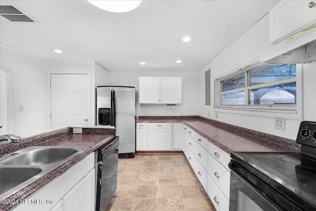 kitchen featuring black appliances, white cabinets, light tile patterned flooring, and sink