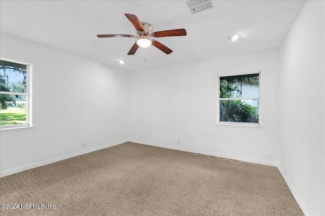 empty room with carpet flooring, ceiling fan, and a wealth of natural light