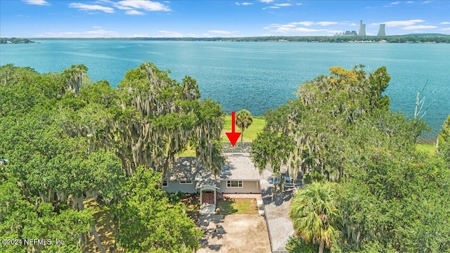 birds eye view of property with a water view